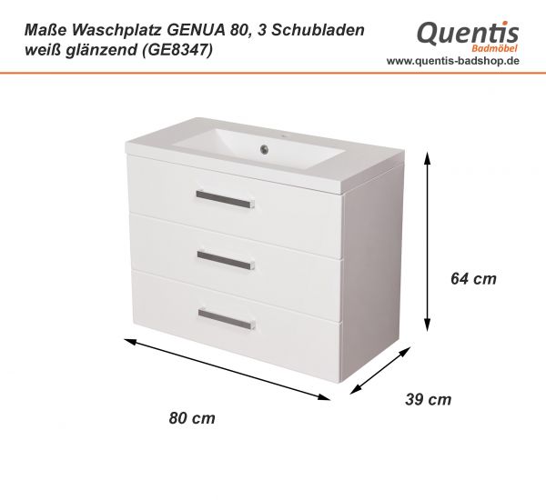 Badmöbel GENUA, Breite 80 cm, 3 Schubladen, weiß glänzend (GE8347)