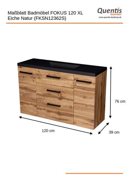 Badmöbel FOKUS-LOF T120-XL, 3 Schubladen, Eiche Natur, Waschbeckenunterschrank montiert
