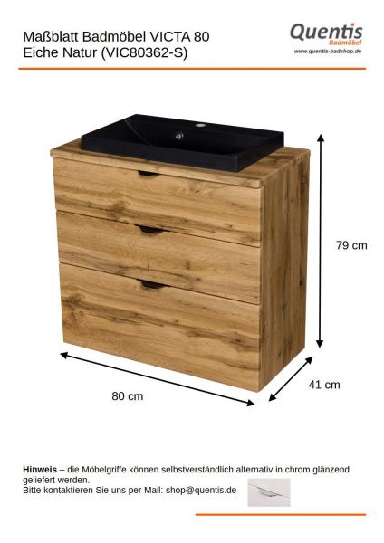 Badmöbel VICTA, Breite 80 cm, 3 Schubladen, Waschbecken schwarz matt, Eiche Natur