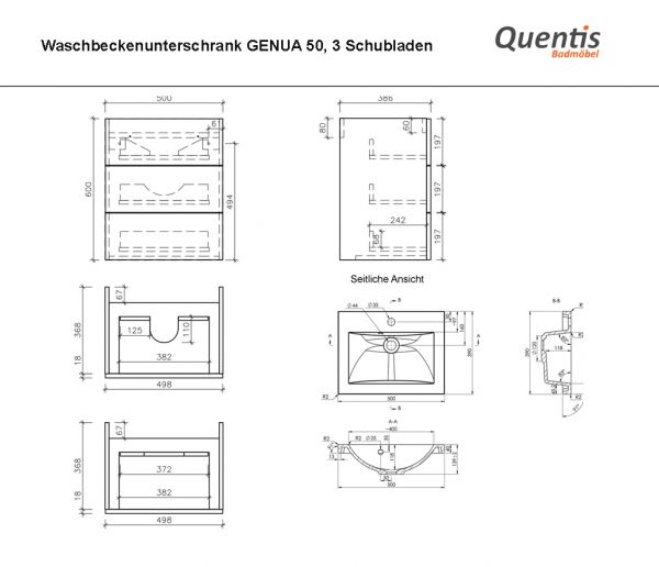 Badmöbel GENUA, Breite 50 cm, weiß glänzend, 3 Schübe, Waschtischunterschrank montiert