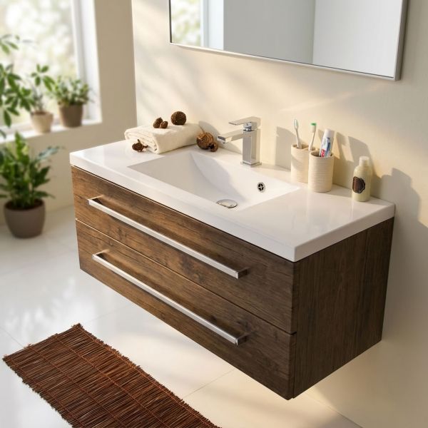 Badmöbel GENUA 100 cm, Holzdekor Antik, Waschtisch mit Unterschrank, 2 Schubladen, vormontiert