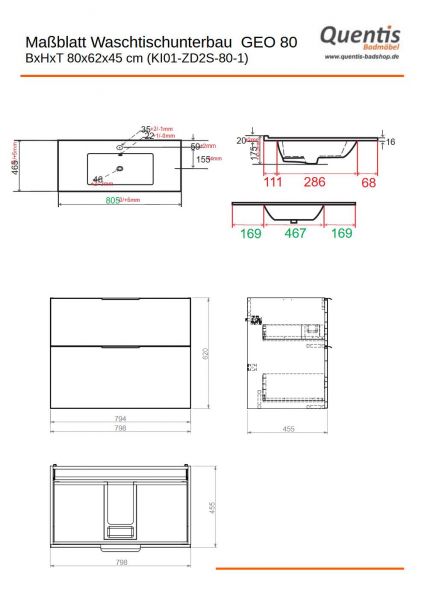 Badmöbel GEO 80 cm, weiß glänzend, Keramikwaschbecken mit Unterschrank, montiert