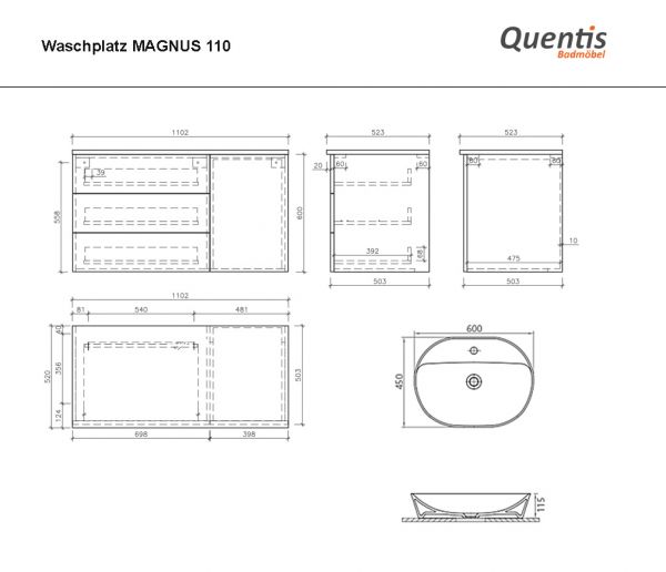 Maßblatt Badmöbel MAGNUS 110 cm