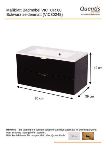 Badmöbel VICTOR 80, Waschtischunterbau mit 2 Schubladen inkl. Waschbecken, schwarz matt