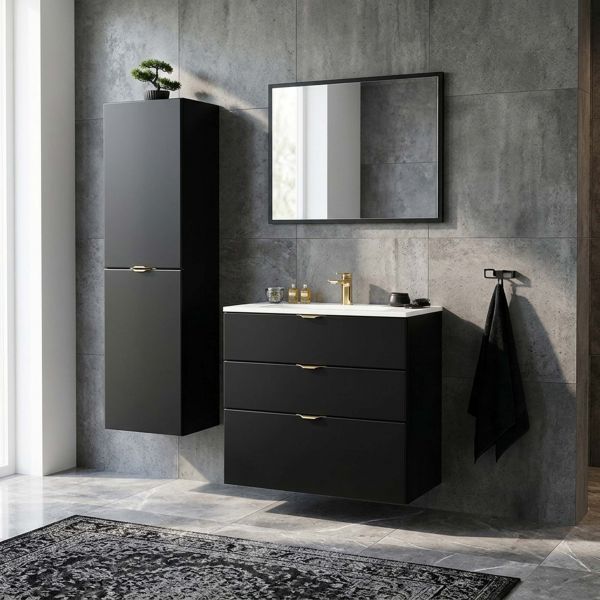 Badmöbel VICTOR 80, Waschtischunterbau mit 3 Schubladen inkl. Waschbecken, schwarz matt