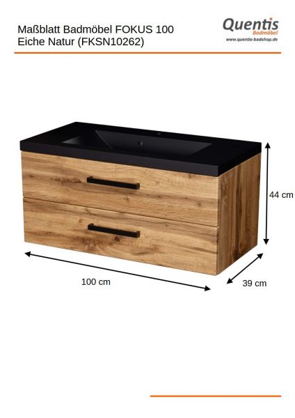 Badmöbel FOKUS LOFT 100, Eiche Natur, Unterschrank montiert, Waschtisch schwarz matt