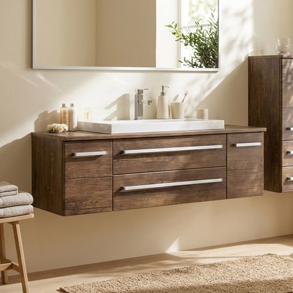 Badmöbel SUSAN Breite 140 cm, Holzdekor antik, Waschtischunterschrank montiert