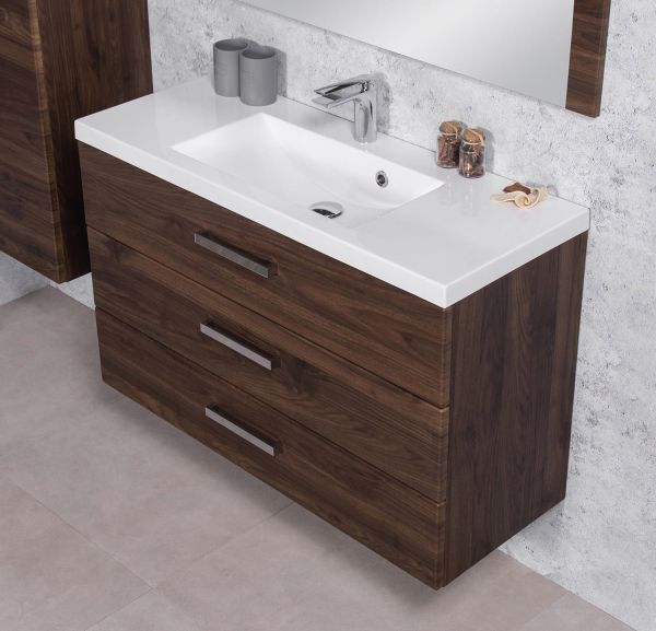 Quentis Badmöbel Genua 100 cm nussbaum 3 Schubladen Waschtischunterschrank montiert GE13OR