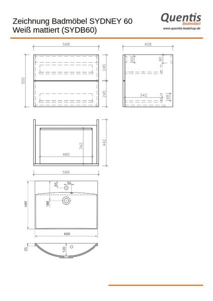 Badmöbel SYDNEY 60 cm, weiß matt, Waschtisch und Unterschrank (montiert)