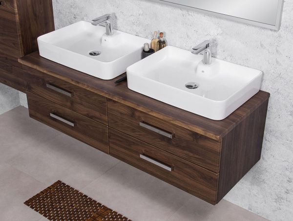 Badmöbel ZENO 140 cm, dunkelnuss, Doppelwaschplatz inkl. 2 Aufsatzbecken ZE14OR-D-LUNA