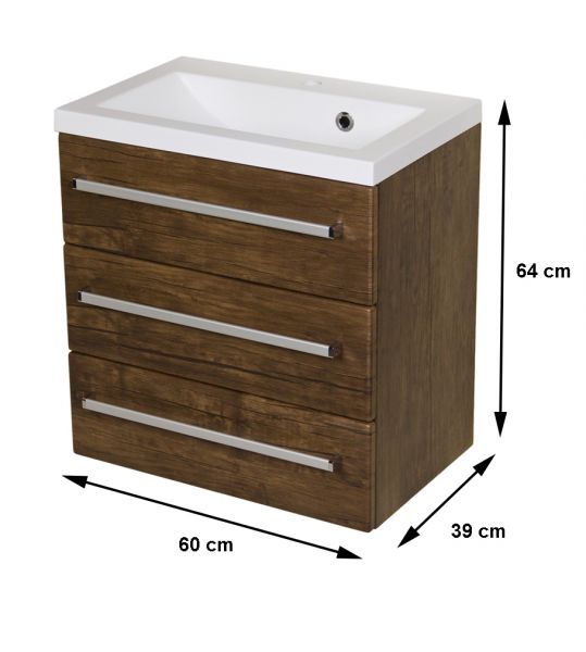Badmöbel Genua 60, 3 Schubladen, Holzdekor antik (GE6350)
