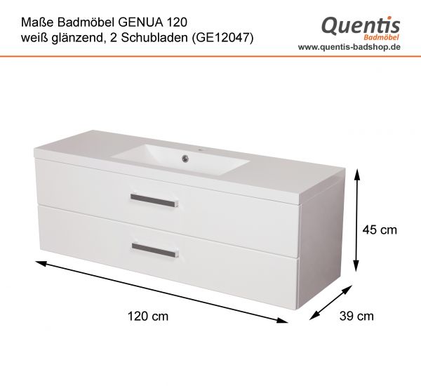 Quentis Waschplatz Genua 120 cm, 2 Schübe, weiß glänzend