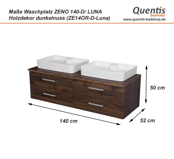 Badmöbel ZENO 140 cm, dunkelnuss, Doppelwaschplatz inkl. 2 Aufsatzbecken ZE14OR-D-LUNA