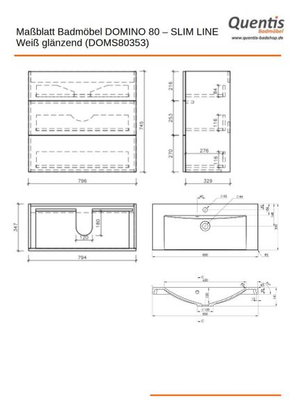 Badmoebel DOMINO SLim-Line 80 Tiefe 35 cm weiß matt Waschtisch und Unterschrank montiert