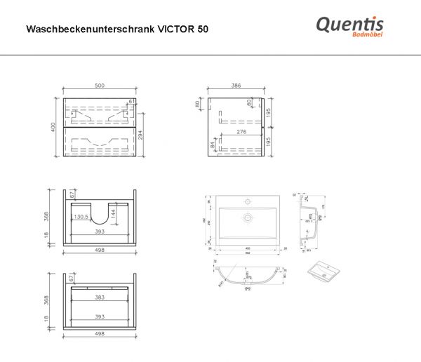 Badmöbel VICTOR 50 cm, seidenmatt schwarz, Waschtischunterbau mit 2 Schubladen (montiert)