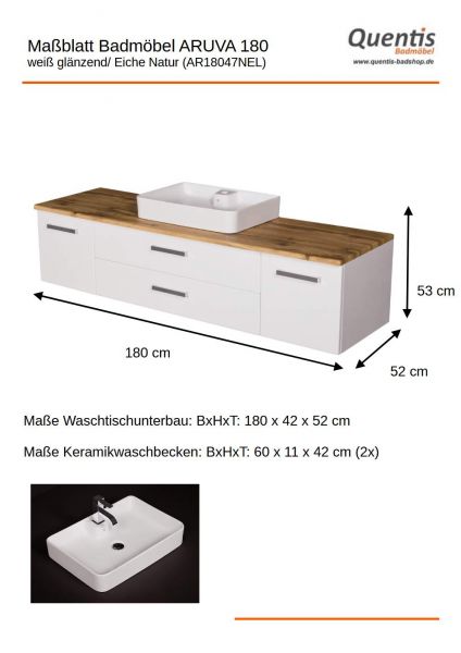 Badmöbel ARUVA Breite 180 cm, Weiß/ Eiche Natur, Waschtischunterbau montiert, Waschbecken optional