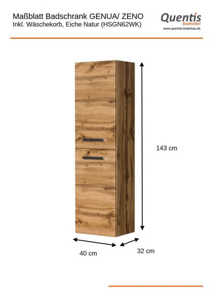 Badschrank inkl. Wäschekorb, Eiche Natur Badserien GENUA, SUSAN, ZENO, vormontiert