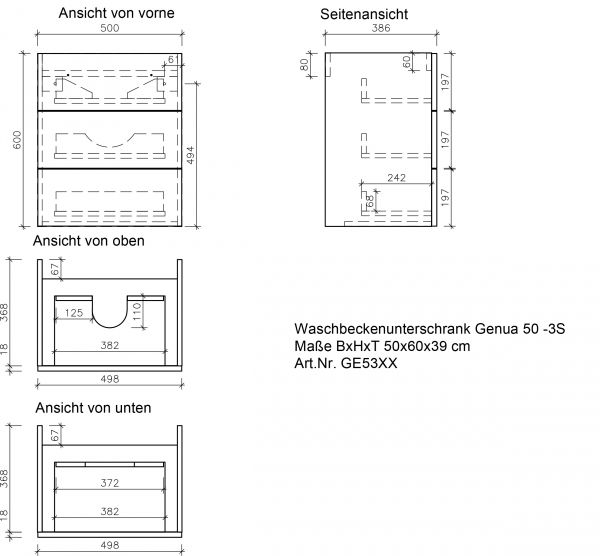 Badmöbel GENUA, Breite 50 cm, Holzdekor antik, 3 Schübe, Waschtischunterschrank montiert