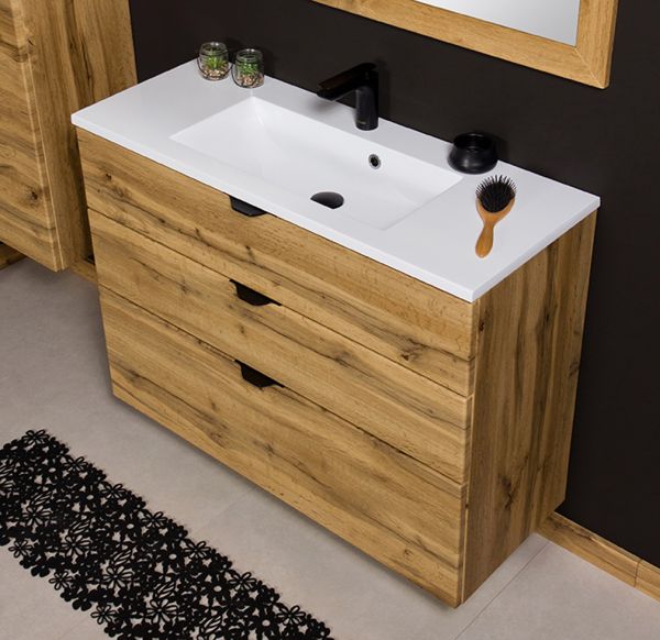 Badmöbel VICTOR 100cm, Waschtischunterbau mit 3 Schubladen inkl. Waschtisch, Eiche