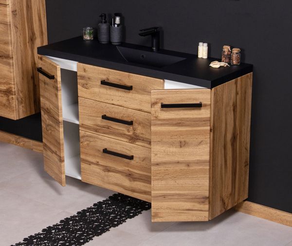 Badmöbel FOKUS-LOF T120-XL, 3 Schubladen, Eiche Natur, Waschbeckenunterschrank montiert