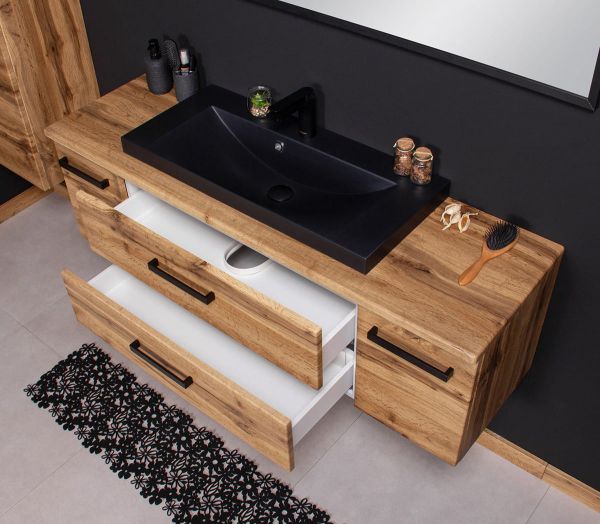 Badmöbelset FOKUS LOFT 140 cm von Quentis – Eiche Natur mit schwarzem Waschbecken matt