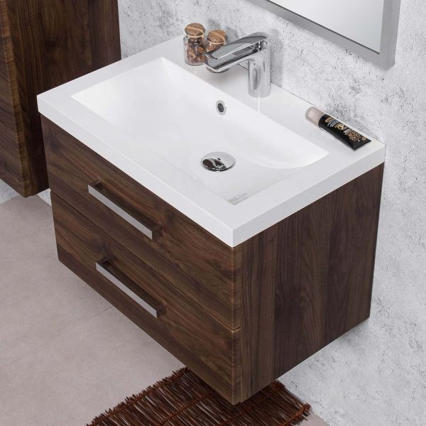 Badmöbel GENUA 60 cm, Nussbaum, Waschtischunterschrank montiert, inkl. Waschbecken
