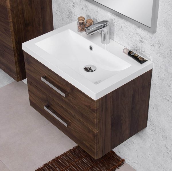 Badmöbel GENUA 60 cm, Nussbaum, Waschtischunterschrank montiert, inkl. Waschbecken