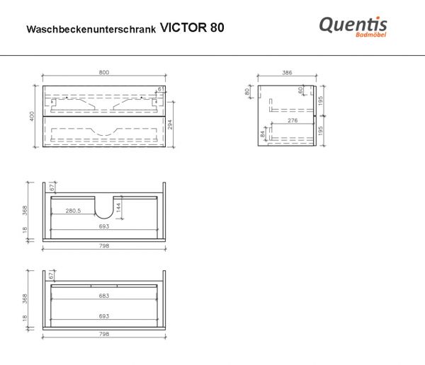 Badmöbel VICTOR 80 cm, Waschtischunterbau mit 2 Schubladen, seidenmatt weiß
