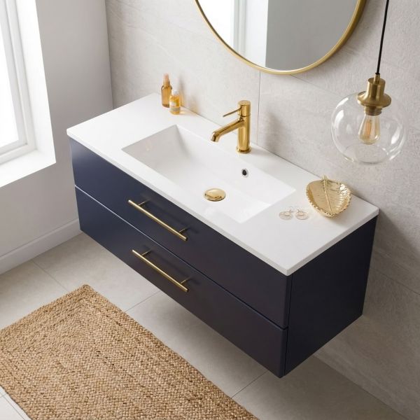 Badmöbel BELLI 100 cm Marineblau matt – Waschbecken mit Unterschrank, 2 Schubladen, vormontiert