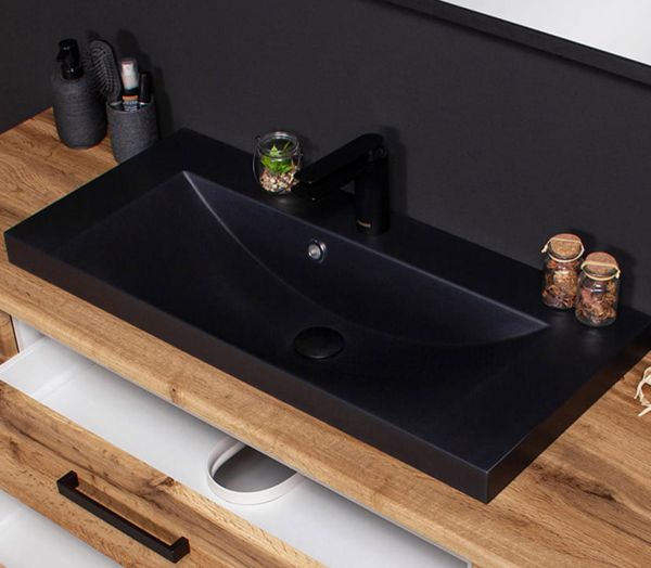 Badmöbelset FOKUS LOFT 140 cm von Quentis – Eiche Natur mit schwarzem Waschbecken matt