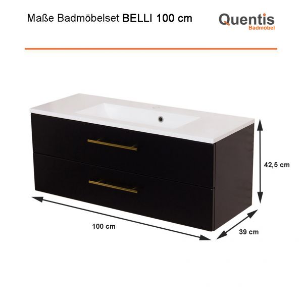 Badmöbel BELLI 100 cm Schwarz matt – Waschbecken mit Unterschrank, 2 Schubladen, vormontiert