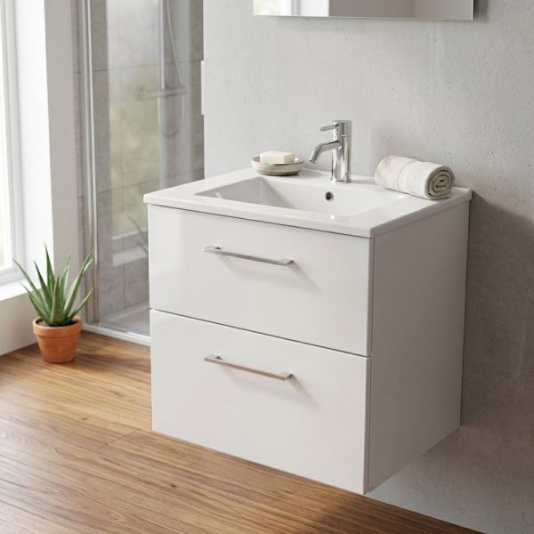 Badmöbel GEO 60 cm, weiß glänzend, Unterschrank montiert