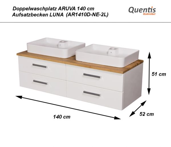 Badmöbel ARUVA 160 cm, weiß/ Eiche Natur, Waschtischunterbau montiert, inkl. 2 Keramikbecken