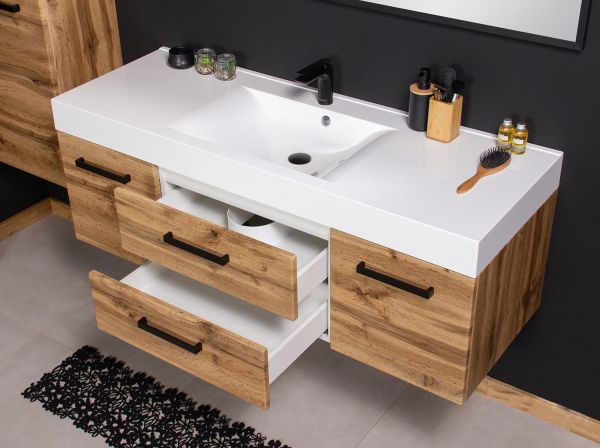 Badmöbel Zeno-Loft, Breite 140 cm, Eiche Natur, Griffe schwarz, Waschtischunterschrank montiert ZE1462ELOFT