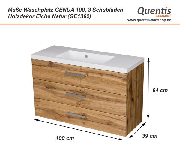 Badmöbel GENUA 100 cm, Waschtischunterbau mit 3 Schubladen, Eiche Natur, montiert