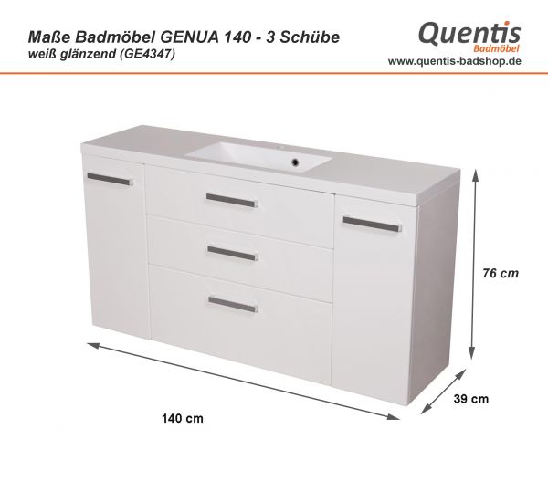 Maßblatt Badmöbel Genua 140, 3 Schubladen, weiß glänzend (GE4347)
