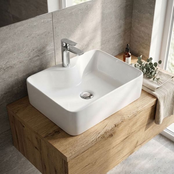 Aufsatzwaschbecken BRENDO 47 cm Weiß – Keramik mit Hahnloch