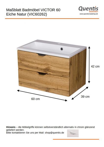 Badmöbel VICTOR 60 cm, Waschtischunterbau mit 2 Schubladen, Eiche