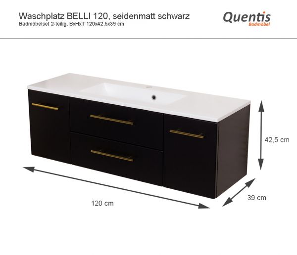 Maße Waschplatz Belli, Breite 120 cm, schwarz matt, BL1248