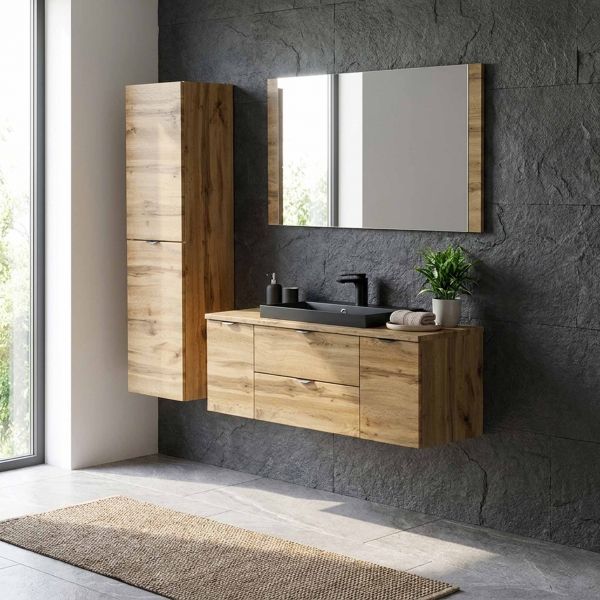 Badmöbel VICTA 120, Eiche Natur, Waschbecken schwarz matt mit passendem Hochschrank