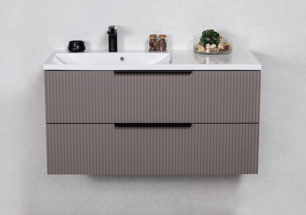 Badmoebel SYDNEY 100 cm taupe matt Waschtisch mit Unterschrank montiert SYDB100L