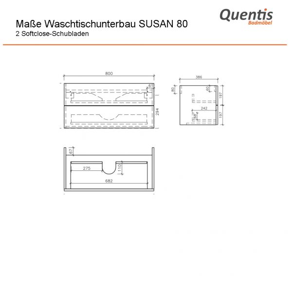 Badmöbelset SUSAN 80 cm Weiß Hochglanz / Eiche Natur, Waschbecken mit Unterschrank, 2 Schubladen, vo