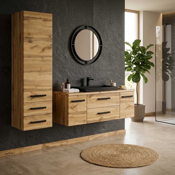 Badmöbel FOKUS-LOFT 120, Eiche Natur, Waschbecken schwarz matt, Waschtischunterbau montiert