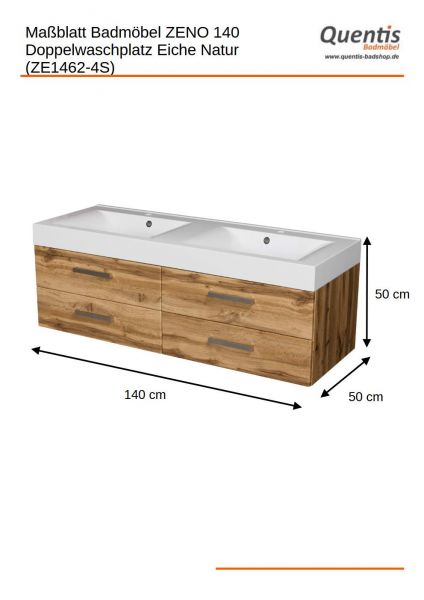 Badmöbel ZENO-LOFT Breite 140 cm, Eiche Natur, Doppelwaschtisch mit Unterschrank, montiert