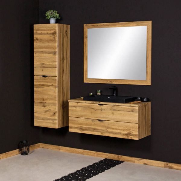 Badmöbelset VICTA 100, Eiche Natur, Waschbecken schwarz matt (Art.Nr. VIC10062-S)