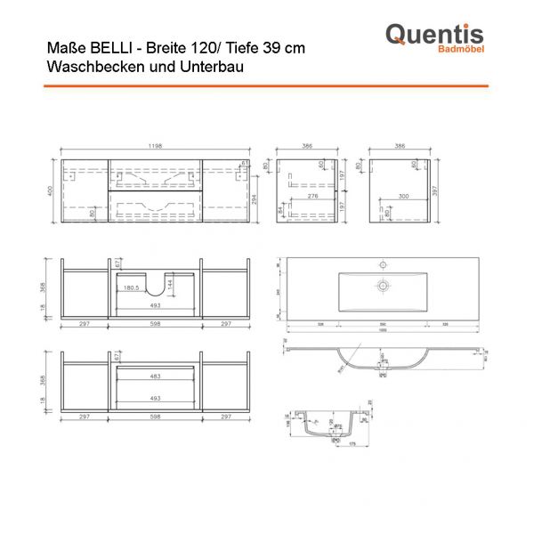 Badmöbel BELLI 120 cm, Weiß matt, Waschbecken mit Unterschrank, vormontiert