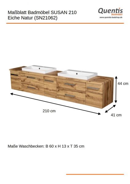 Badmöbel SUSAN 210 cm, Doppelwaschtisch, Waschtischunterbau montiert