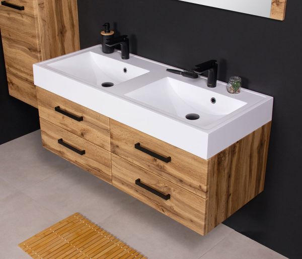 Badmöbel ZENO Breite 120 cm, Eiche Natur, Doppelwaschtisch mit Unterschrank, Griffe schwarz, montiert