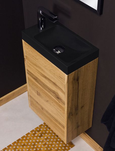 Gäste-WC Möbel GUEST 40 cm, eiche, Waschbecken schwarz matt, montiert