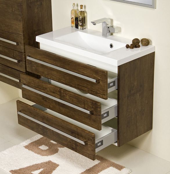 Badmöbel GENUA 80 cm XL Holzdekor Antik mit Waschbecken, 3 Softclose-Schubladen